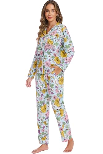 Image of LUBOT 100% Cotton Pajamas for Women Pajama Set 2 Piece PJ Sleepwear Set Soft Ladies Button Knit Long Sleeve Loungewear XS-XXL
