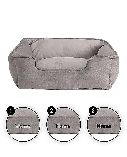 lionto Hundebett 2-in-1 mit komfortablem Einstieg, kuscheliges Heimtierbett zum Wenden für Hunde und Katzen, 60x50 cm, Hundekissen in pflegeleichter Wildlederoptik, grau (Namensaufdruck)