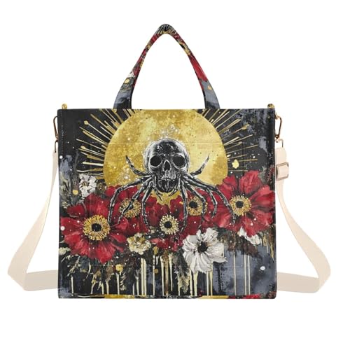 Skull Floral Sun Tote Bag for Women Corduroy Handbag Purse Shoulder Bag with Detachable Strap Small Size