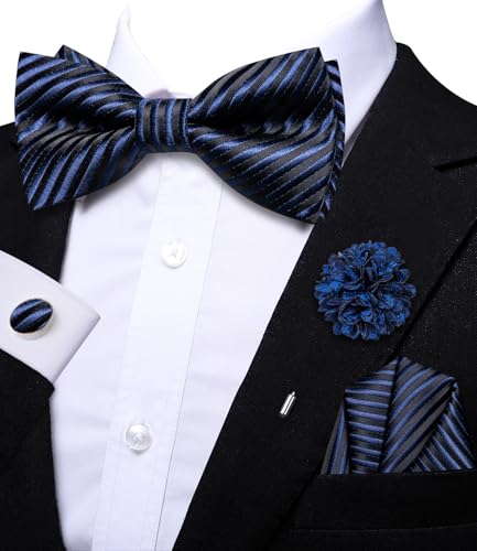 Image of Hi-Tie Bow Ties for Men Pre-Tied Pocket Square with Cufflinks Mens Bowtie Sets for Wedding Formal Party