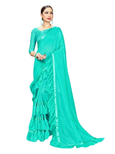 Sarees for Women Georgette Ruffle - Frill Saree || Ethnic Indian Gift Traditional Wedding Gift Sari with Unstitched Blouse Teal