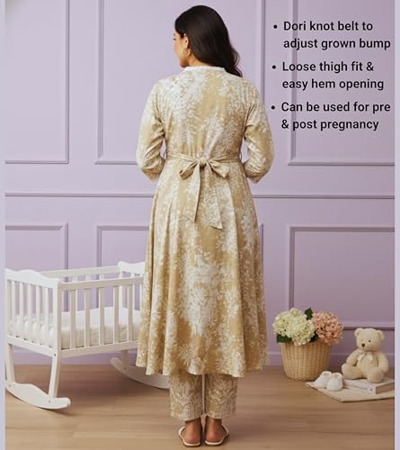 Image of DUMMY SHAPE Maternity Dresses for Women Cotton Blend | Floral Kurta Pant Dupatta Set with Nursing Zippers to Pre & Post Partum | Feeding Kurtis | Mom to Be Gifts for Pregnant Woman