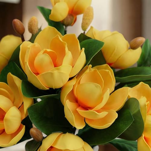 Image of Decor & More 2 PCS Artificial Flowers Bunch - Silk Magnolia Bouquet Long Stem for Vase | Artificial Flower for Decoration | Long Artificial Flowers for Big Vase, Home & Wedding Decor (Without Pot)