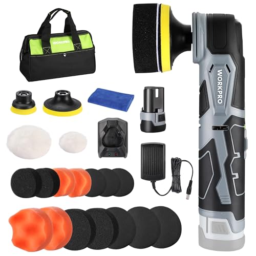 WORKPRO Cordless Car Polisher 12 V Mini Buffer Polisher Kit with 5 Variable Speed Up to 3000 RPM Mini Car Detailing Polisher for Detailed Polishing Sanding and Waxing Buffer & Sander Machine Kit