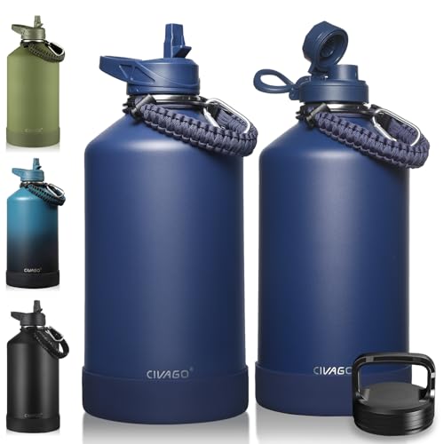Image of CIVAGO Gallon Insulated Water Bottle Jug with Straw, 128 oz Large Stainless Steel Water Flask, Big Metal Thermal Mug with 3 Lids for Sports, Travel, Gym, and Camping, Navy Blue