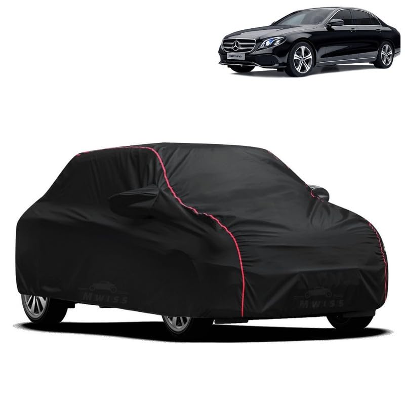 Image of Waterproof Car Cover for Mercedes Benz E200 | All-Weather Protection, Dustproof & UV Resistant | Triple Stitched Mirror Pockets, Windproof Buckle Strap with Elastic Hem, Black-Red Piping