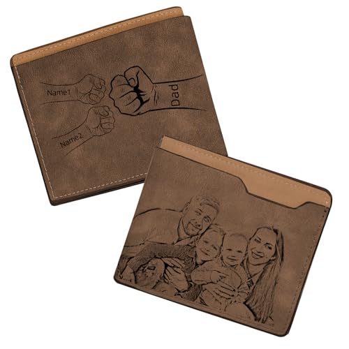 Father's Day Gift from Wife Daughter, Personalized Photo Wallet for Men, Custom Photo ＆ 1-5 Initials, Birthday Gift for Husband Dad (Fist-Dark Brown)