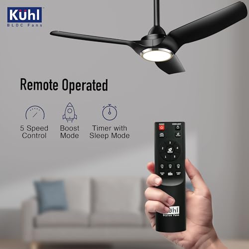 Image of KUHL Meridian M1 1200MM 65% Power Saving BLDC Ceiling Fan With Remote | BEE 5 Star Rated & ISI Marked | High Air Flow | Down Light & Reverse Mode | 5 Year Warranty on Motor | Free Installation |Black