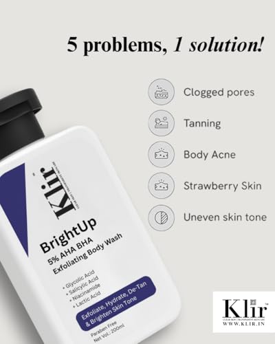 Image of Klir BrighUp 5% AHA BHA Serum Exfoliating Body Wash 200ml | For Body Acne, Strawberry Skin, De-Tan | Infused with Lactic Acid, Salicylic Acid, Glycolic Acid, Niacinamide | Non-Drying, Paraben Free