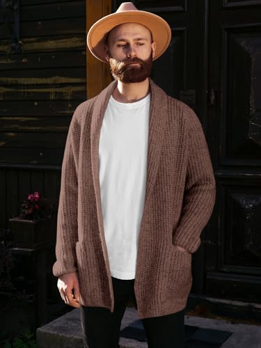 Image of Runcati Mens Shawl Collar Long Cardigan Casual Knit Open Front Sweater Fall Winter Thermal Cardigan Sweater