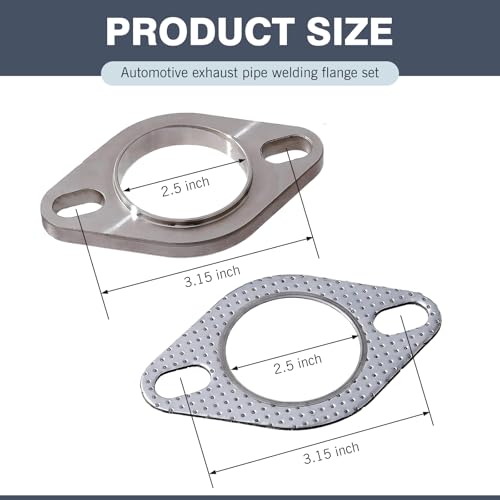 Arwrilt 2.5 inch Car Exhaust Flange Repair Kit, Stainless Steel 2 Bolt Exhaust Flange Connection Kit, Anti-Corrosion Exhaust Flange & Exhaust Gasket Kit with Bolts, Universal for Most Car (Silver)