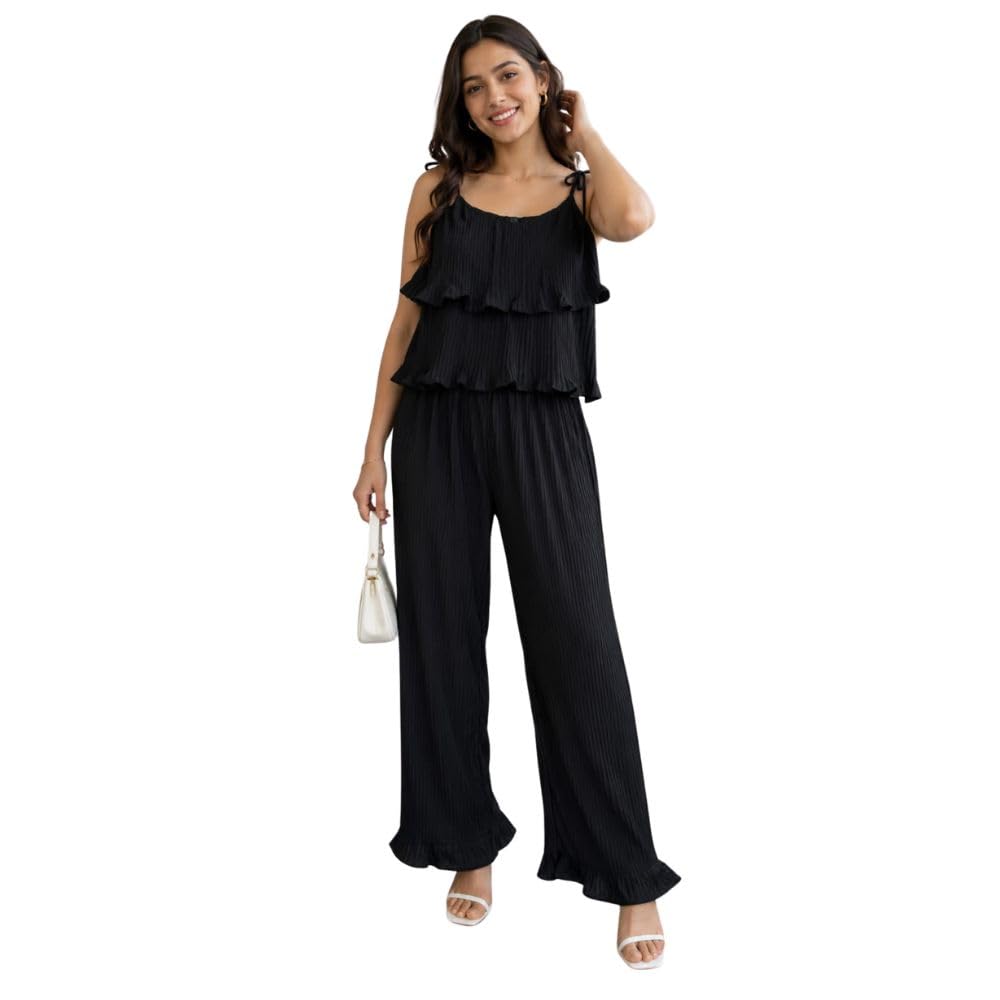 Women's Black Pleated Ruffle Cami Top and Wide Leg Pants Set | Stylish Women Cord Set Top and Bottom | Sleeveless Co-Ord Outfit-picture-19