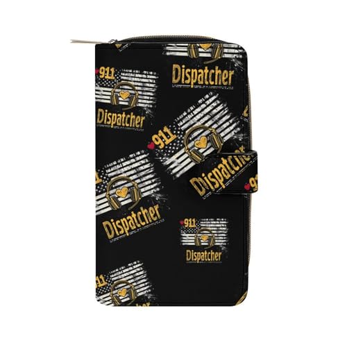 911 Dispatcher with U.S. Flag Stylish Leather Wallet Womens Mens Slim Purse Secure Card Holder Durable Bifold Clutch Handbag