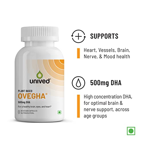 Image of Unived OVEGHA Plant-Based Omega-3 DHA | 1000mg Algae Oil 500mg DHA Per Serving | for Heart, Hair, Skin, Joint, Brain & Eye Health | 60 Vegan Capsules