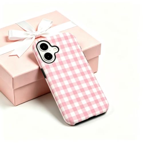 Image of for iPhone 16 Case Cute Phone Case,Compatible with MagSafe,Dual Layer Shockproof Protective Phone Cover,Hard Shell + Silicone Cover,Fashion Design for Women Girls,Pink and White Plaid