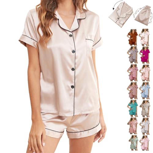 Image of WJing Yi Jia Womens 3Pcs Floral Pajamas Sets Silk Satin Sleepwear XS~4XL Button Down Short Sleeve Shirt Pjs Loungewear