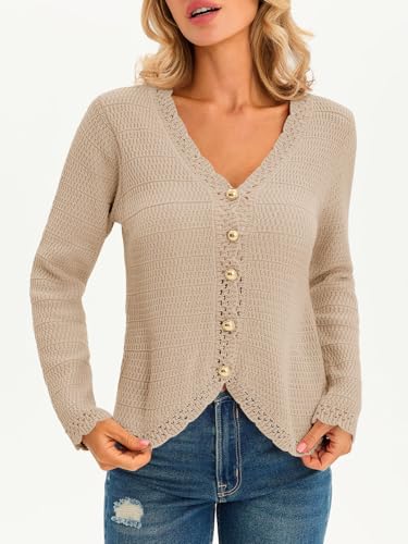 Image of Saodimallsu Womens V Neck Cardigan Sweaters Button Up Cropped Boho Knit Long Sleeve Loose Trendy Sweater Tops