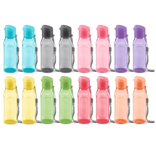 Bulk Set of 16 Multicolor 10oz Water Bottles for Kids and Adults – Leak Proof With Carry Strap – Square Reusable for Juice, Drinks – BPA-Free Dishwasher-Safe