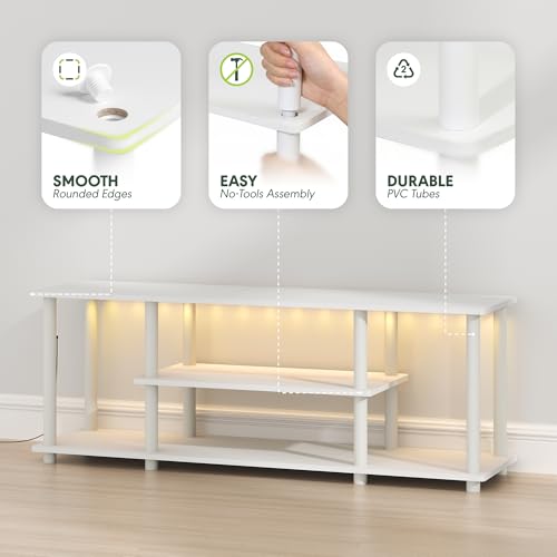 Image of Furinno Turn-N-Tube 3-Tier No Tools TV Stand with LED Lights, White | for TV up to 50 Inch, Open Frame Entertainment Center, TV Console for Living Room, Bedroom
