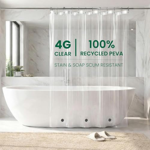 Bowery Home NOT Made in China Eco-Friendly Recycled PEVA Shower Curtain Liner Waterproof Sustainable Non-Toxic Shower Curtain Liner with Rust-Proof Grommets 72x72IN 4G Clear