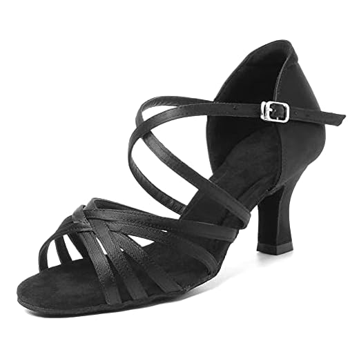 HIPPOSEUS Mujeres Zapatos de Baile Latino Práctica de satén Salón de Baile Zapatos de Baile de Rendimiento con Correas Cruzadas Punta Abierta,FWZJ-CL-BDJ-7,Negro Color,EU 38