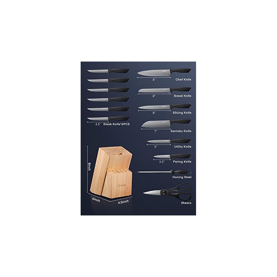 DPerlla-Knife-Set-with-Block-15-Pieces-Stainless-Steel-Kitchen-Knife-Set-with-BO-Oxidation-Technology-No-Rust-Sharp-Knife-Block-Set Knife Set, D.Perlla Knife Set with Block, 15 Pieces Stainless Steel Knife Set with BO Oxidation Non Stick Black Colour Coating, No Rust, Sharp Knife Block Set