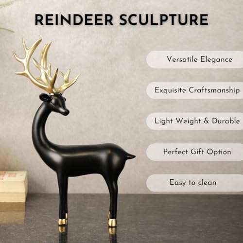 Image of ARMONIA Black Reindeer Figurine with Gold-Toned Antlers Decorative Statue in Lightweight & Durable Design | Luxury Home Decor Accent & Perfect Gifting, Figurine for Home Decor Gift, Housewarming