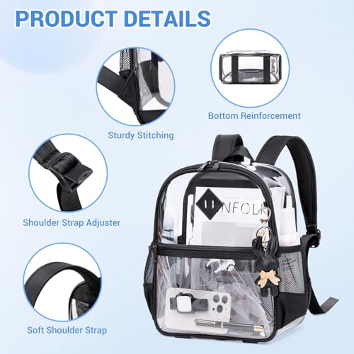 Image of MUSEVOS Clear Backpack for Stadium Events Approved 12x6x12, Thick TPU Mini Clear Bag with Front Pocket for Concert Sport Events Work Travel, Black Transparent