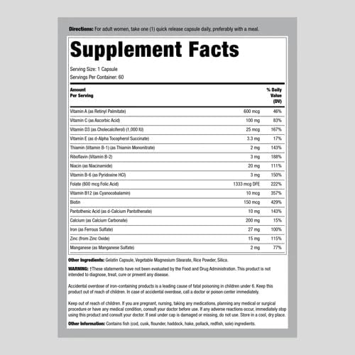 Miniatura 2 de Vitaminas prenatales para mujeres  60 cápsulas  Multivitamínico y mineral con folato y hierro  Suplemento una vez al día  Sin OMG, sin gluten