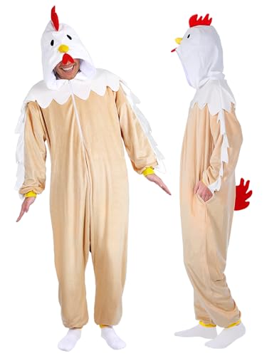 ROC PARTY Chicken Onesie Costume for Adults - Cozy Farm-Themed Plush Rooster One-Piece Pajamas for Halloween Cosplay & Party (Rooster Large)