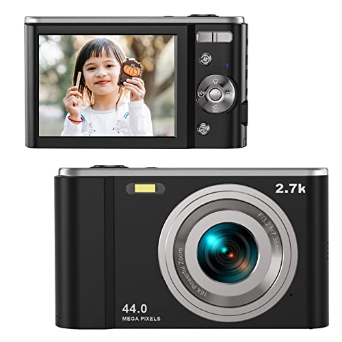 Digital Camera 44 Mega Pixels Small Camera 2.7K Vlogging Camera Portable Camera with 16X Digital Zoom, 2 Batteries Kids Camera for Students, Teens (Black)