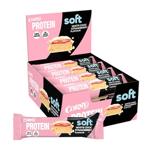 Corny Protein Soft - Barritas Proteicas Sabor Chocolate Blanco y Fresa, 30% Proteína, 0% Azúcares Añadidos, Ayuda al Desarrollo y Recuperación de la Masa Muscular, Pack 12x45g, Taste the Power