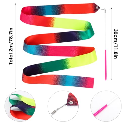 Image of YGEOMER 2Pcs Dance Ribbons for Kids, 1 Neon Rainbow Gradient & 1 Sparkling Pink & Blue Gymnastics Ribbon Wands, Ballet Party Favors for Girls, Birthday Performance Props