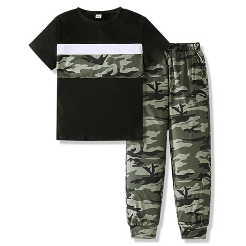 OLMRJKD Boys 2 Piece Outfits Color Block Clothes Short Sleeve T Shirt and Camouflage Pants Summer Clothing Sets Size 9 10