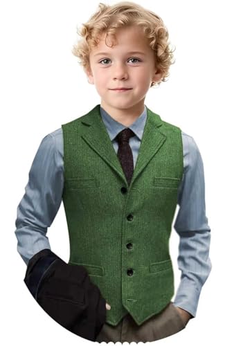 Boys Vest Vintage Tweed Herringbone Kids Waistcoat with Pocket Toddler Slim Fit Sleeveless Vest for Wedding Party