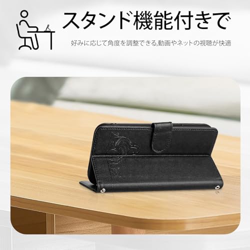 Iffeenny [手帳型ケース·iPhone 15用」 iphone 15 ケース 手帳型 女性 可愛い アイフォン15 ケース 手帳型 ストラップと首掛け付きiphone15 手帳型ケース 耐衝撃 いphone15 ケース 手帳型 かわいい子猫とネズミの柄 全面保護 財布型 iphone 15 手帳型ケース カード収納 アイフォン15 ケース 可愛い ブラック