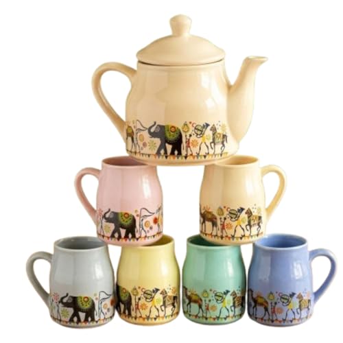 Image of Premium Ceramic Tea Set with Teapot and 6 Cups, Multi Elephant Design, Traditional Indian Theme (Multicolor)
