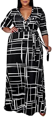 Runwind Plus Size Dresses for Women Floral Maxi Dress Flowy 3/4 Sleeve with Belt