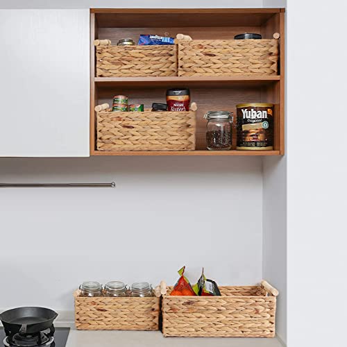 Anminy 4Pcs Woven Storage Baskets Set Handmade Wicker Storage Bins Boxes With Wood Handles Natural Water Hyacinth Container Decorative Clothes Nursery Baby Kid Towel Large Small Shelf Organizer #TOP7