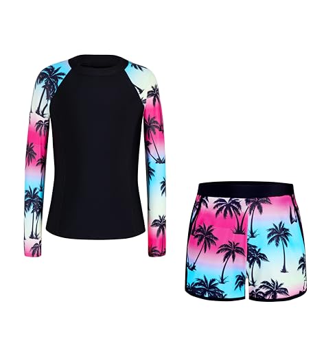 Image of Alakuoti Girls Rash Guard Swimsuit Two Piece Bathing Suit UPF 50+ Sun Protection Long Sleeve Swimwear 6-14 Years