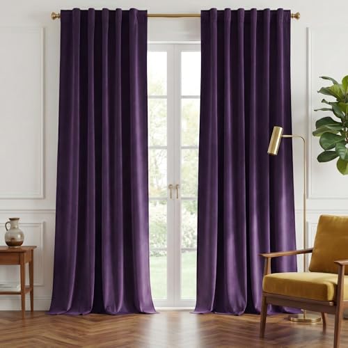 NICETOWN Purple Room Darkening Velvet Curtains, 84 inch Long, Living Room Back Tab & Rod Pocket Window Treatment Drapes Farmhouse for Theater, Set of 2, 52' Width