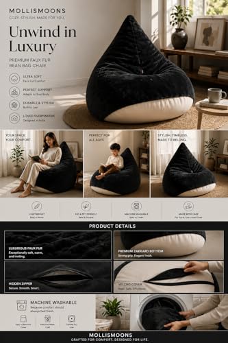 Image of Mollismoons Bean Bag XXXL Size for Adults & Kids Fur bin Bag Luxury Bean Bag Chair (Bean Bag Without Beans Cover(Assembly Required), Black)