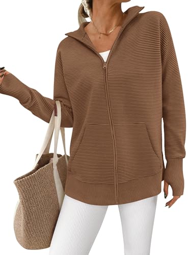 Image of PRETTYGARDEN Womens Long Sleeve Zip Up Ribbed Cardigan Sweaters