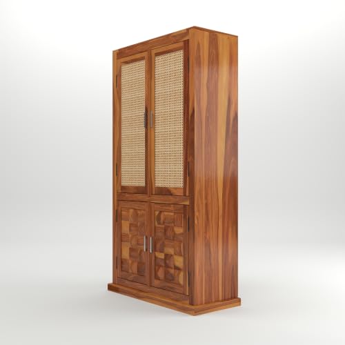 Image of Solid Sheesham Wood Almirah with Cane Doors & Geometric Carved Panels | 4 Door Wooden Wardrobe for Bedroom