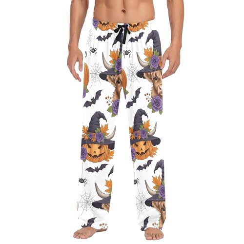 Men's Pajama Bottom Halloween Highland Cow Pumpkin Cotton Pajama Pants Drawstring Sleepwear Long Pants Pockets