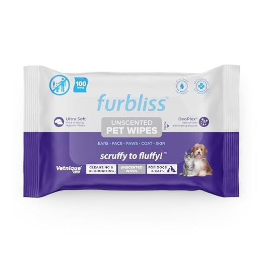 Vetnique Labs Furbliss Hygienic Pet Wipes for Dogs & Cats, Cleansing Grooming & Deodorizing Hypoallergenic Thick Wipes with All Natural Deoplex Deodorizer (Unscented, 100ct Pouch)