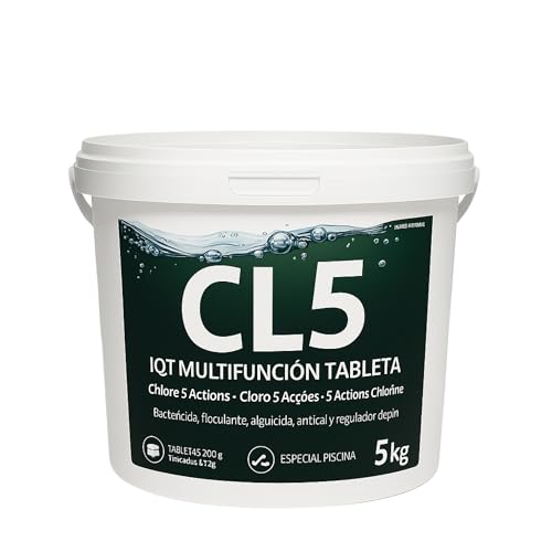 Cloro 5 Acciones, Recuperador Agua Piscina deteriorada, Tratamiento Inicial de la Piscina, Tabletas Multifuncion de 200 grs, Fabricado en España, Forma del Producto Granular, Contiene 5 Kg