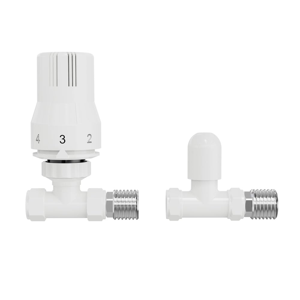 Nrg White 15Mm Bathroom Trv Thermostatic Radiator Valve + Lockshield Straight Valves
