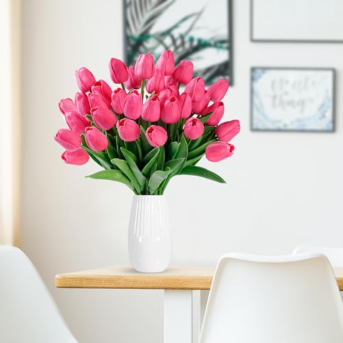 Image of Sggvecsy 30 Pcs Fake Tulips Artificial Flowers Real Touch PU Faux Flowers Tulip Stems for Wedding Spring Bouquet Floral Arrangement Home Party Office Decorations for Mother's Day (Dark Pink)