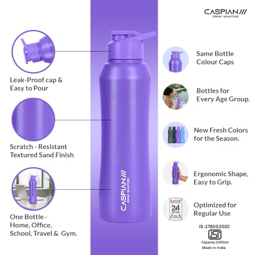 Image of Caspian Trek Customised Stainless Steel Water Bottle 1L, C Violet with Logo Print - Personalised Water Bottle with Your Name Print for Kids Boys Girls School Office Gym- Perfect for Corporate Gifting